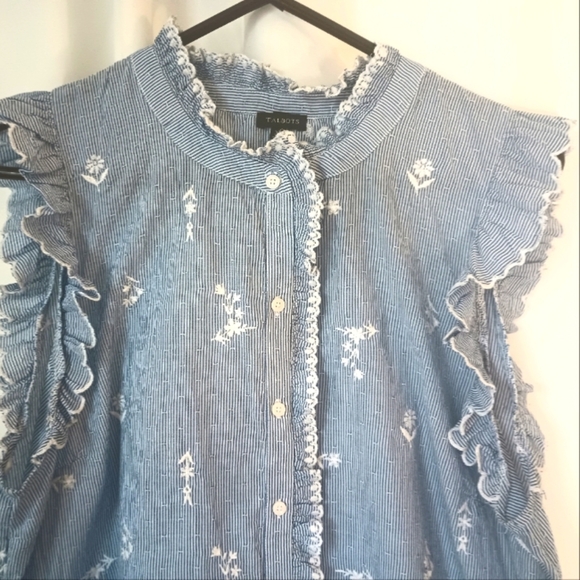 Talbots Blue Ruffled Tees Talbots | Tops | Talbots Xl Embroidered Blouse Blue White Floral Ruffle ...